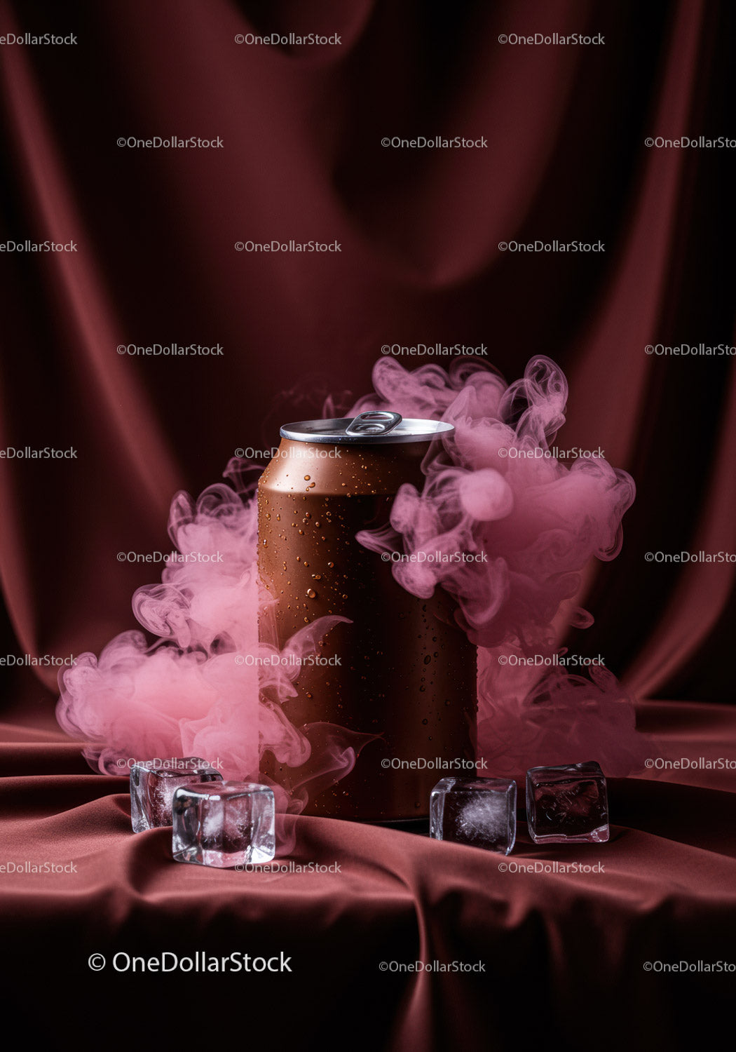 Cold beverage can with pink smoke and ice cubes