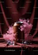 Cold beverage can with pink smoke and ice cubes