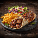 Beef Burrito with French Fries and Fresh Salad on a Hot Stone Plate