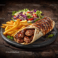Beef Burrito with French Fries and Fresh Salad on a Hot Stone Plate