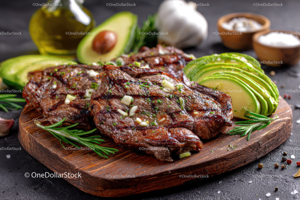 Juicy Grilled Steak with Sliced Avocado and Fresh Herbs