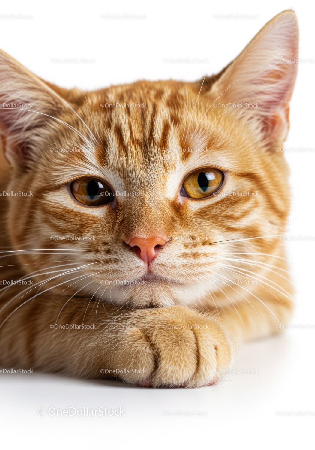 Close up of resting orange tabby cat with focused gaze