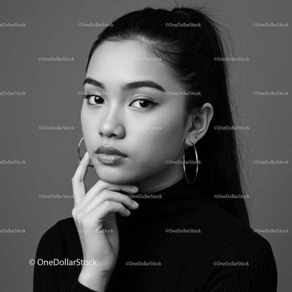 Elegancki Monochromatyczny Portret Pewnej Siebie Kobiety z Kolczykami Kołami