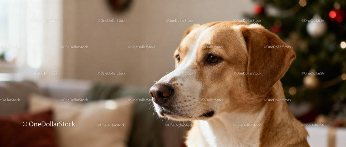 Calm dog sitting near cozy Christmas decorated living room