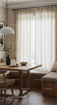 Cozy Scandinavian Living Room with Beige Curtains and Wooden Furniture