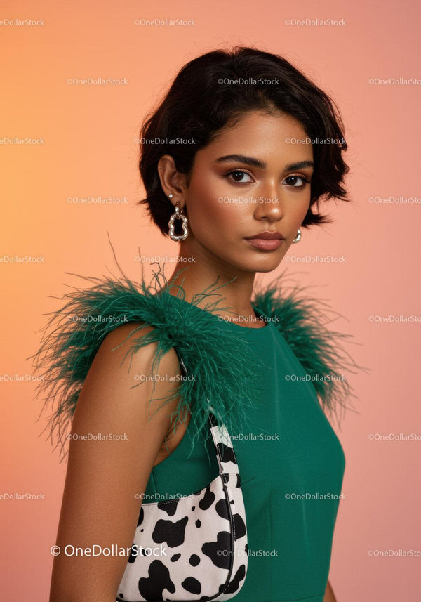 Elegant Woman with Short Dark Hair in Green Feathered Dress