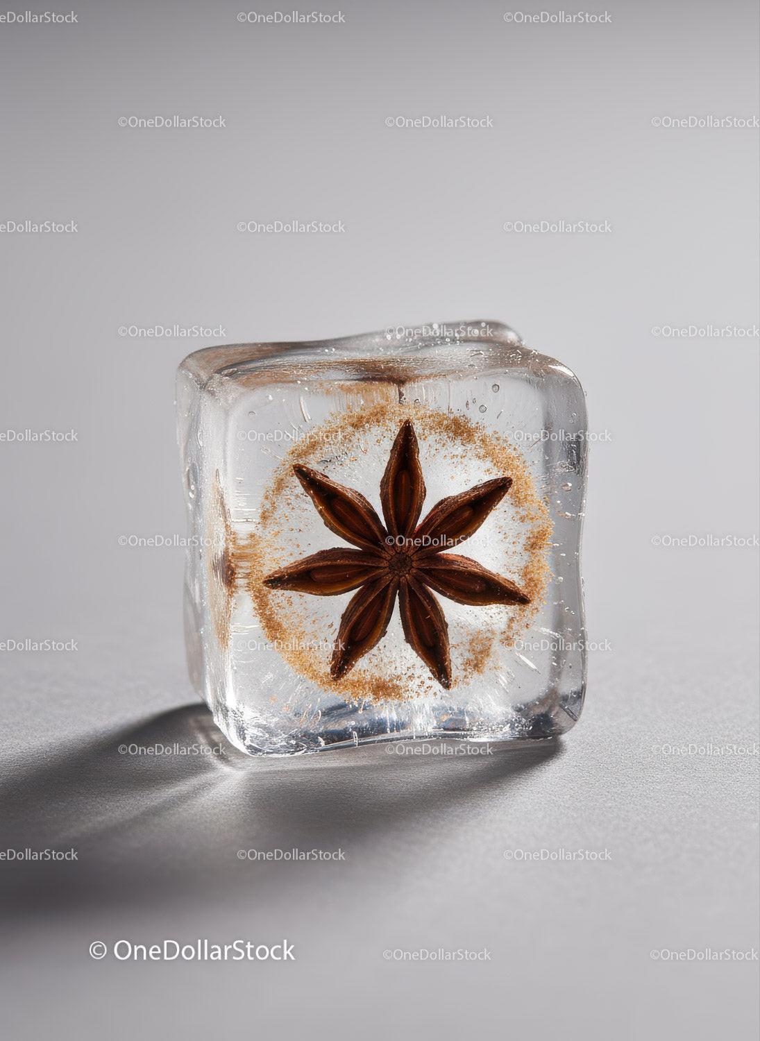 Star Anise Frozen Inside a Clear Ice Cube