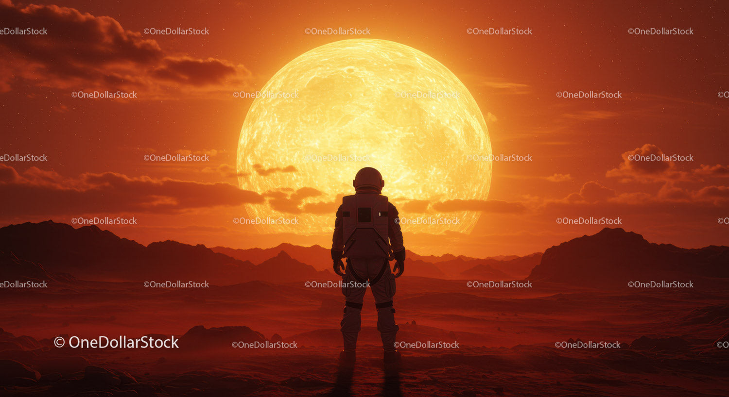 Astronaut Standing on Alien Planet with Large Sun Setting Behind