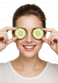 Woman with Cucumber Slices Over Eyes Fresh Skin Beauty Portrait