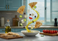 Mediterranean salad ingredients suspended with olive oil splash
