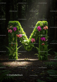 Letter M Sculpted from Greenery and Colorful Orchids