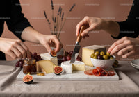 Gourmet Cheese and Fruit Platter with Grapes and Figs on Rustic Table