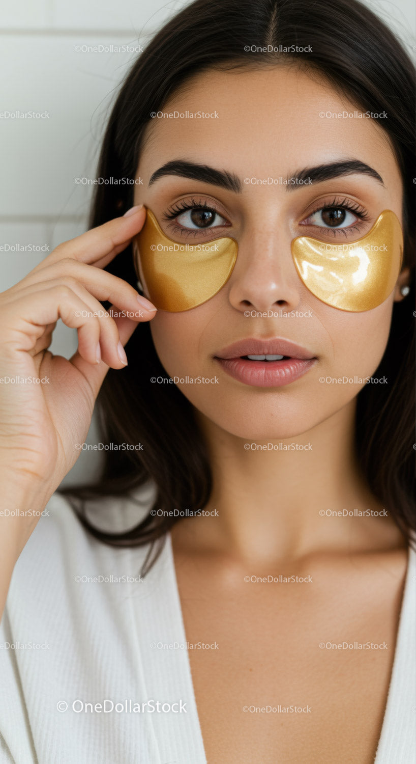 Young Woman with Eye Patches Engaging in Skincare Routine