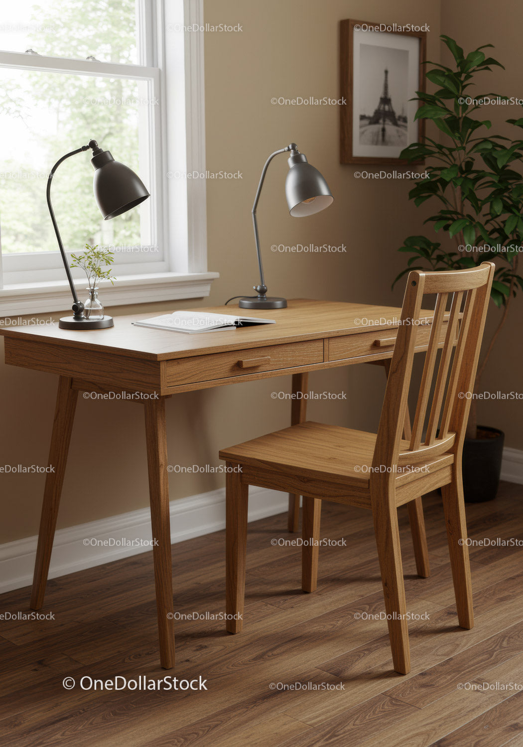 Elegant Wooden Desk with Modern Lamps and Green Houseplant in Cozy Home Office