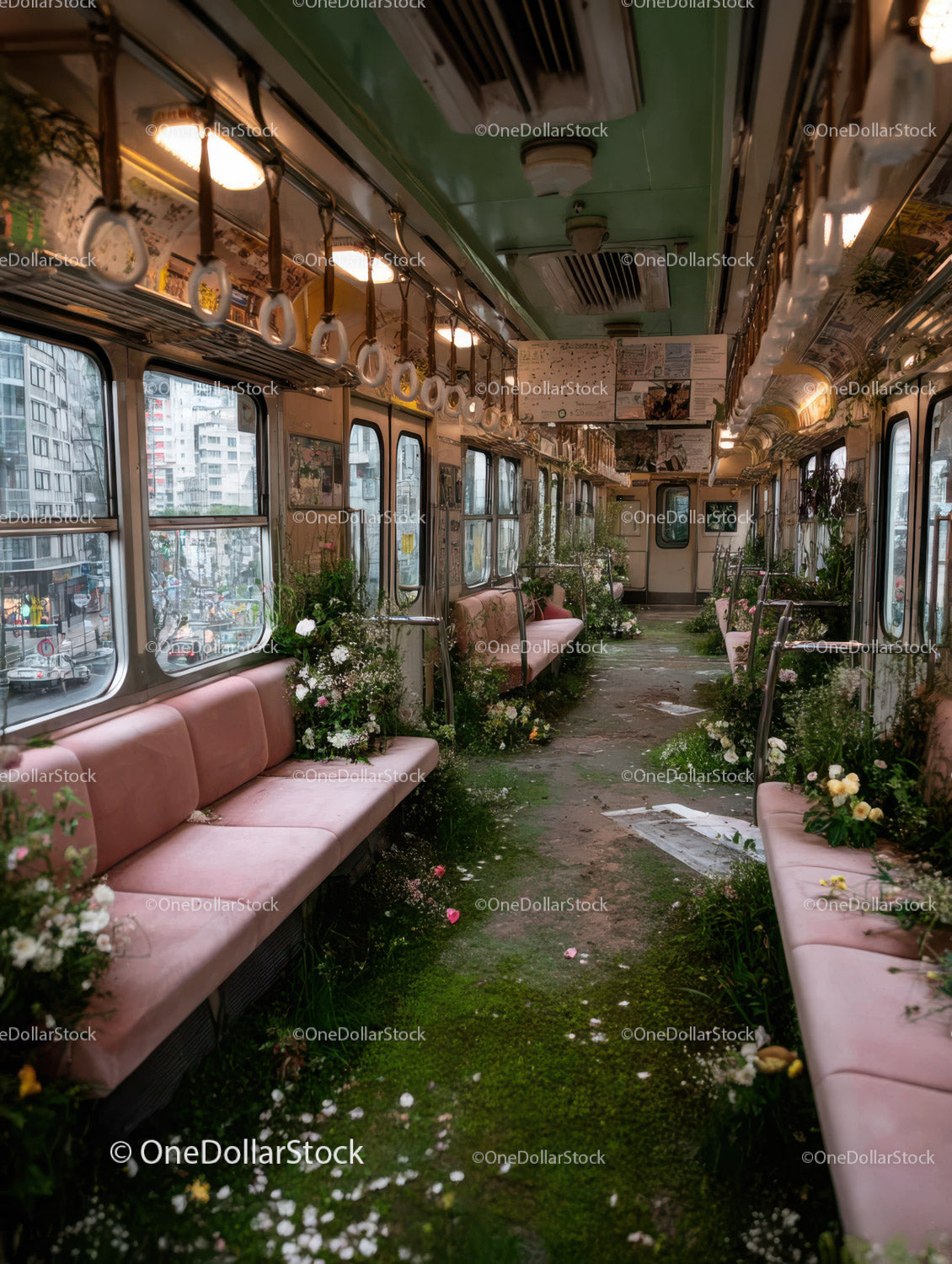 Abandoned Train Car Overgrown with Moss and Wildflowers