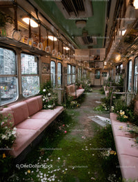 Abandoned Train Car Overgrown with Moss and Wildflowers