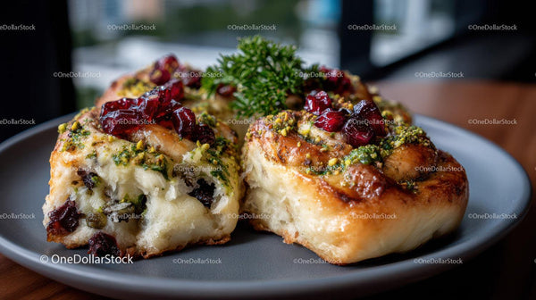 Stuffed Bread with Cranberries Pistachios and Parsley in Gourmet Presentation