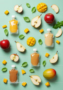 Healthy fruit puree pouches with fresh mango apple and pear