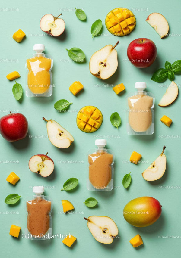 Healthy fruit puree pouches with fresh mango apple and pear