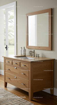 Elegant Wooden Bathroom Vanity with Mirror and Natural Light