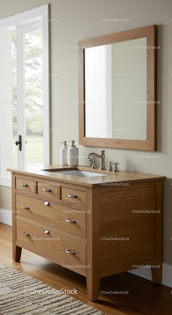 Elegant Wooden Bathroom Vanity with Mirror and Natural Light