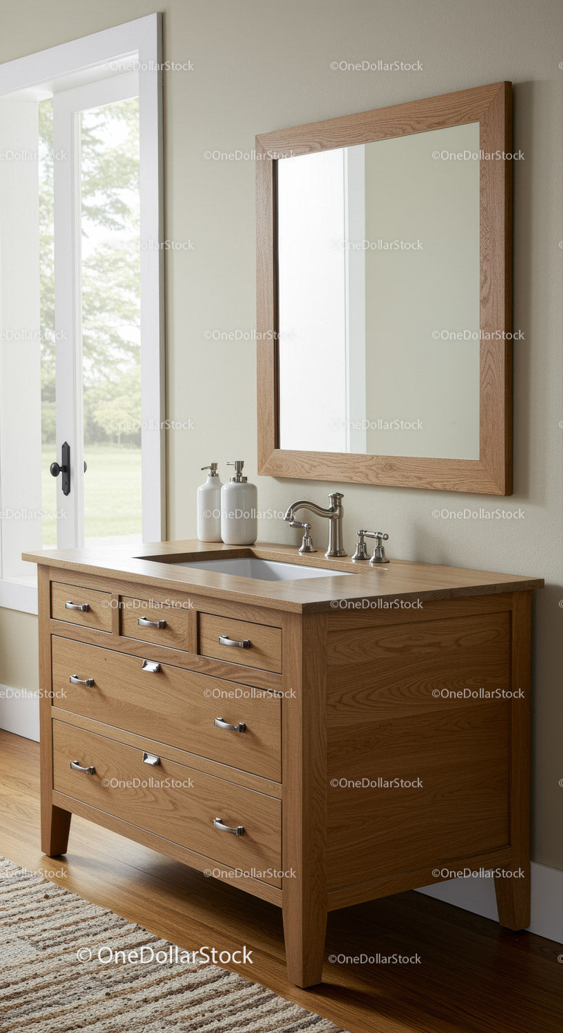 Elegant Wooden Bathroom Vanity with Mirror and Natural Light