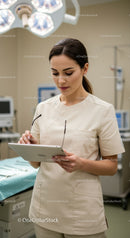Female Nurse Using Digital Tablet in Modern Hospital Operating Room
