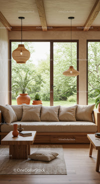 Cozy living room with natural light and earthy decor