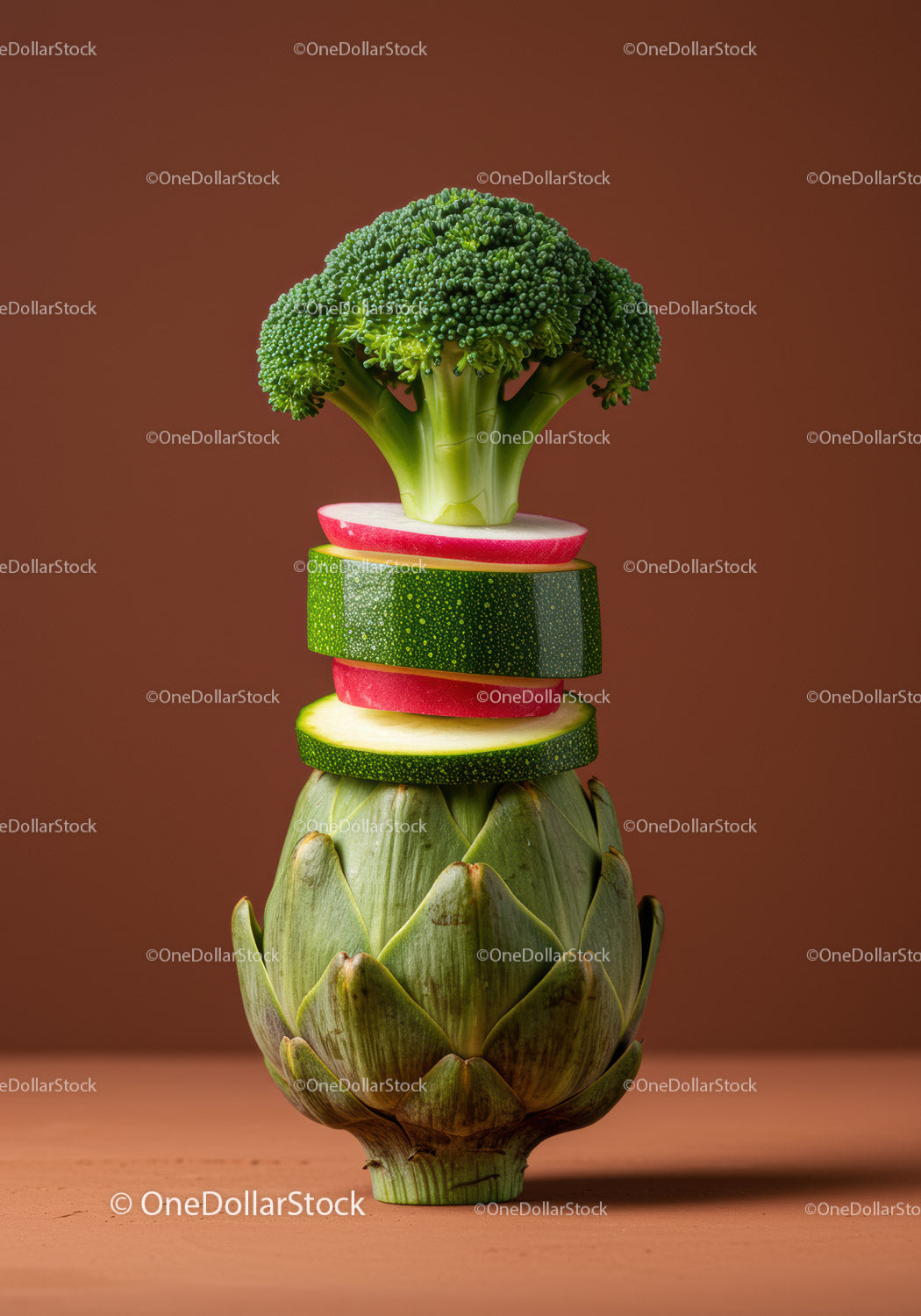 Fresh mixed vegetable stack with artichoke base