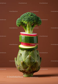 Fresh mixed vegetable stack with artichoke base