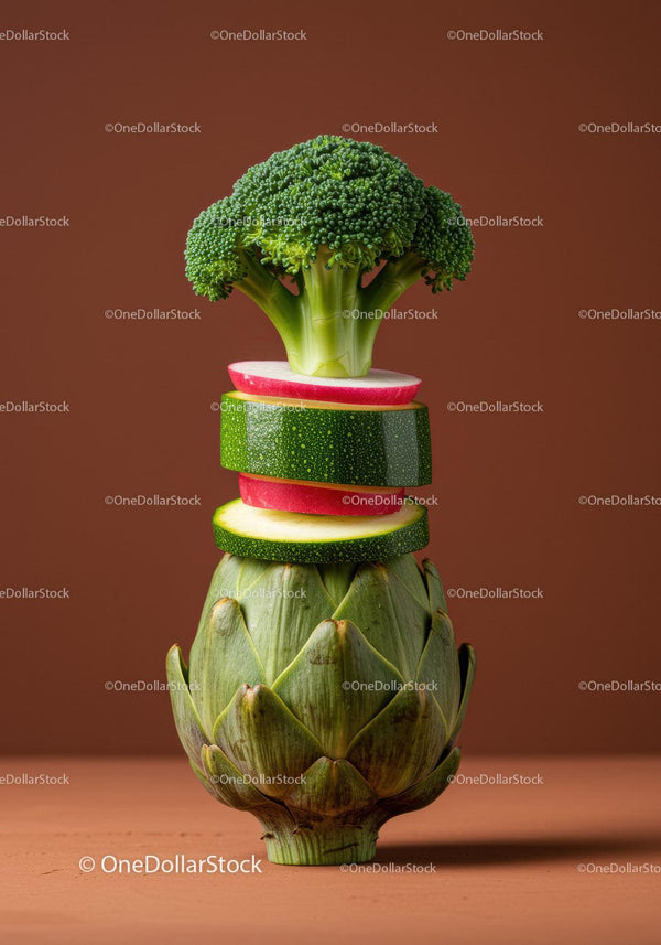 Fresh mixed vegetable stack with artichoke base