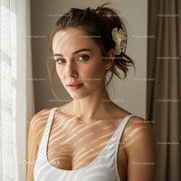 Elegant Young Woman with Blue Eyes and Flowered Hair in Sunlit Room