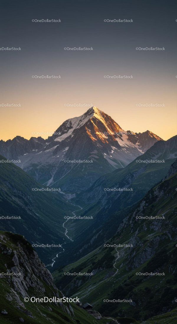 Majestic Snow-Capped Mountain Peak at Sunrise with Verdant Valley