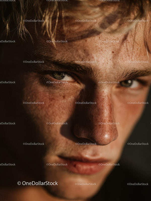 Close-up of Freckled Man with Sunlit Skin and Intense Gaze