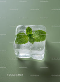 Fresh mint leaf frozen inside clear ice cube