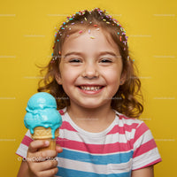 Happy girl holding blue ice cream cone with sprinkles
