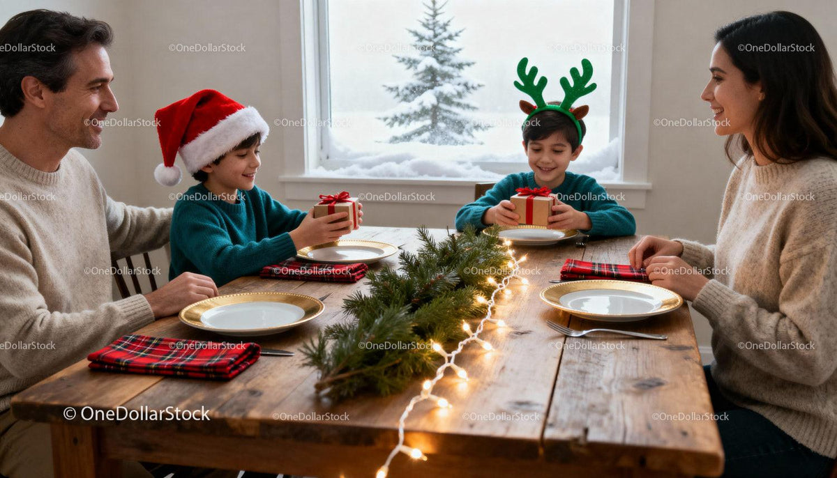 Family exchanging gifts during cozy Christmas dinner
