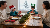 Family exchanging gifts during cozy Christmas dinner