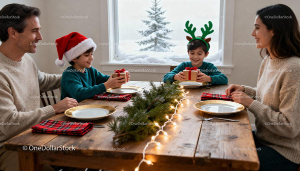 Family exchanging gifts during cozy Christmas dinner