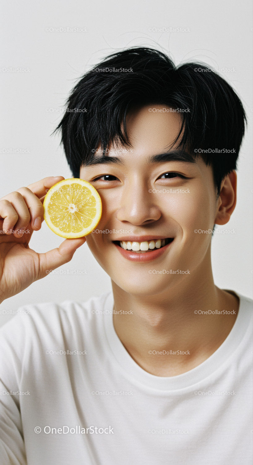Joyful Young Man with Lemon Slice Cheerfully Smiling