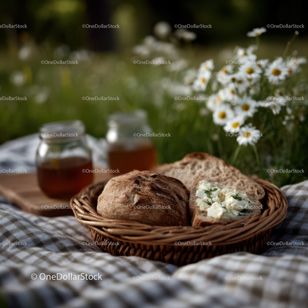 Rustic Bread Basket with Milk Jars and Daisy Flowers in Outdoor Setting