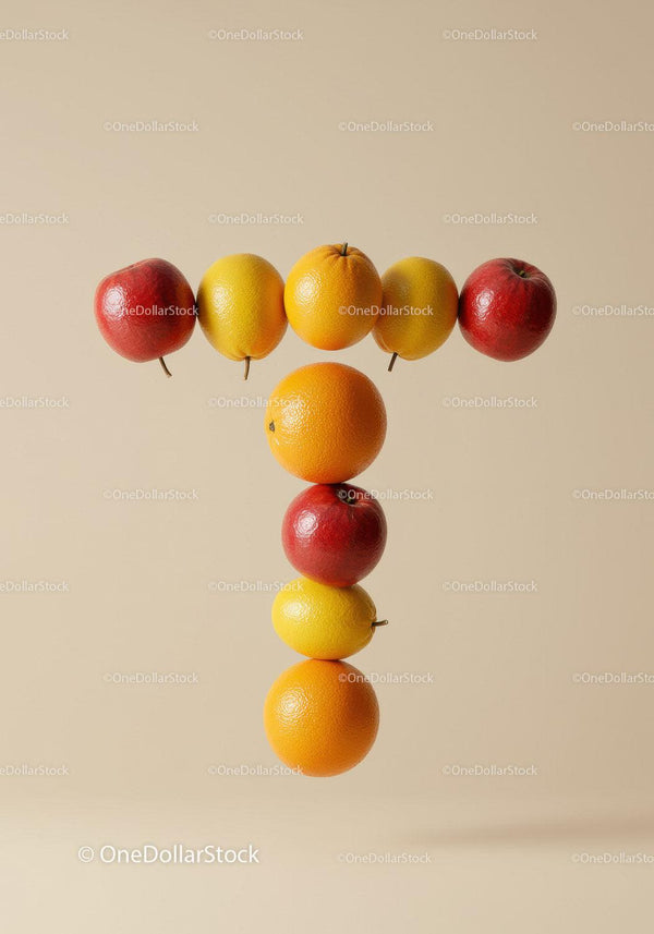 Fresh fruits arranged in the shape of letter T