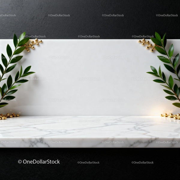 Elegant marble countertop with green leaves and gold decor