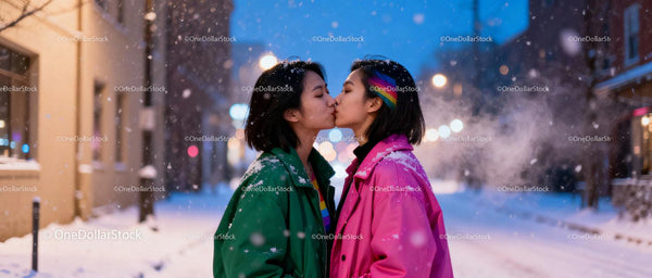 Couple Sharing a Tender Kiss in Snowy Evening Street