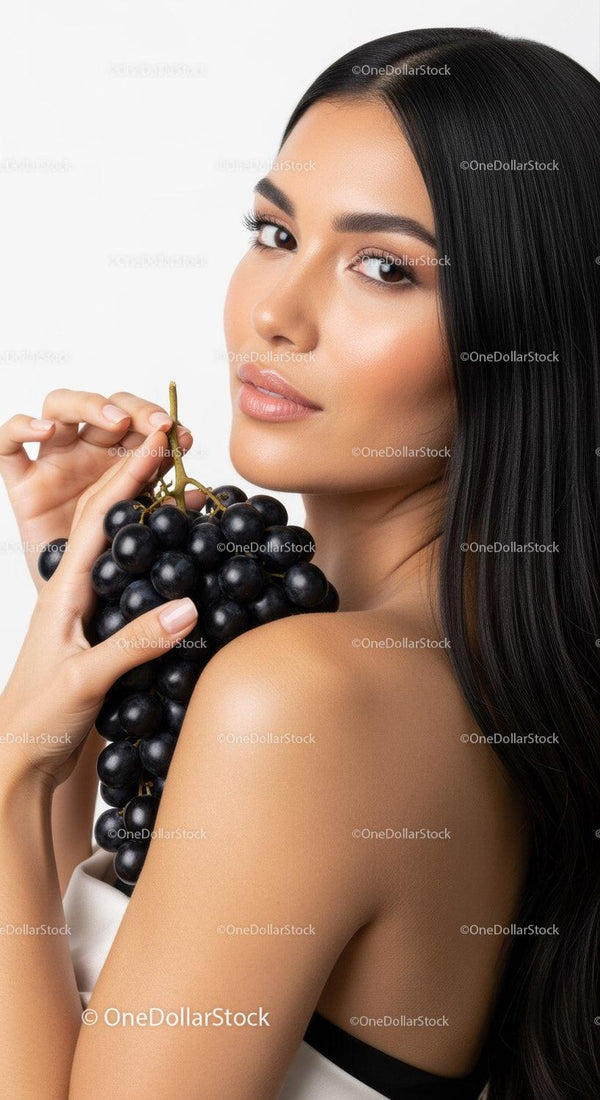 Elegant Woman with Long Black Hair Holding a Bunch of Black Grapes