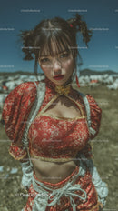Youthful Woman in Boho Summer Outfit Outdoors with Blue Sky
