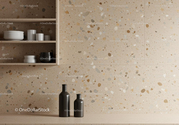 Minimalist Kitchen with Terrazzo Wall and Black Vases