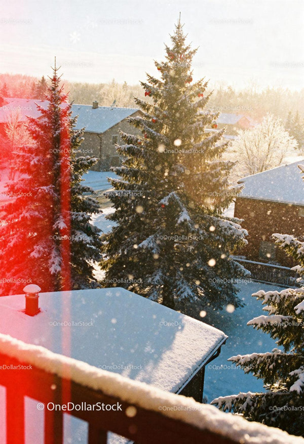 Snow-covered pine trees glowing in warm sunlight