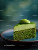 Matcha Green Tea Cake Slice on Dark Plate for Dessert Photography