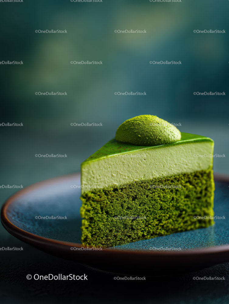 Kawałek ciasta z zieloną herbatą Matcha na ciemnym talerzu do fotografii deserowej